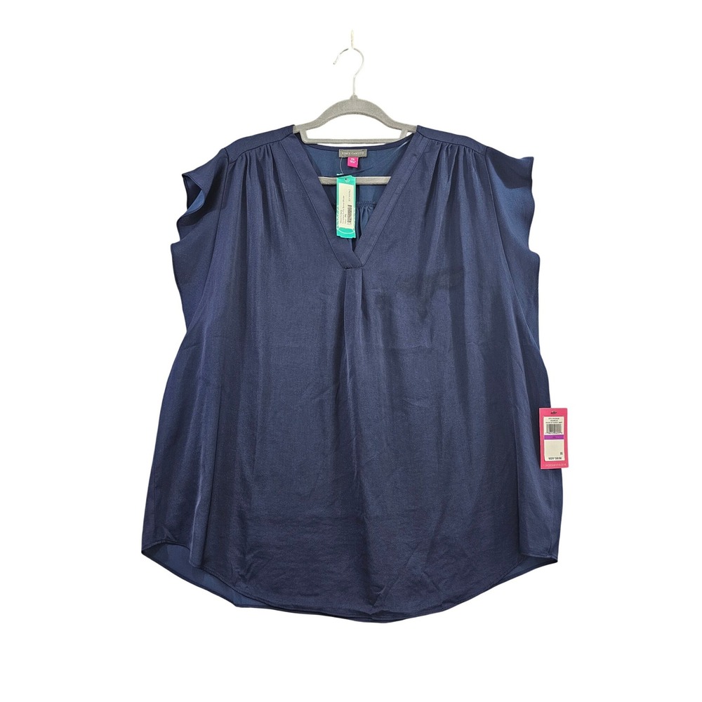 Vince Camuto Blouse Womens XXL Navy Blue Solid Flutter Sleeve V-Neck Enchanted